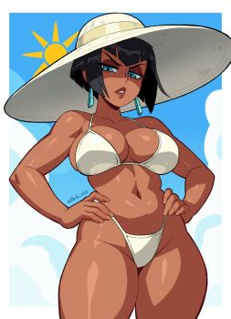 1girl bikini black_hair blue_eyes bob_cut breasts curvy dark-skinned_female dark_skin earrings eliza_(skullgirls) highres huge_breasts jewelry large_breasts parta_228 skullgirls solo swimsuit v-bangs