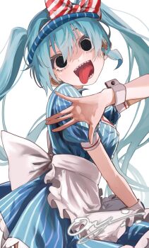 :d apron aqua_hair artist_name black_eyes blue_dress blue_hat bow breasts buttons cowboy_shot crazy crazy_eyes dancing diagonal-striped_bow double-breasted dress empty_eyes eyelashes frilled_apron frills hair_between_eyes hand_up hat hat_bow hatsune_miku head_tilt highres long_hair medium_breasts mesmerizer_(vocaloid) messy_hair oj_0624 open_mouth pinstripe_dress pinstripe_hat pinstripe_pattern red_bow sharp_teeth signature simple_background smile striped_bow teeth tongue tongue_out twintails very_long_hair visor_cap vocaloid waist_apron white_apron white_background white_bow wide-eyed wrist_cuffs