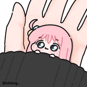 1girl 1other blue_eyes blush bocchi_the_rock! chibi closed_mouth commentary english_commentary gotoh_hitori highres holding holding_mini_person long_hair looking_at_viewer lulalang mini_person minigirl one_side_up pink_hair smile solo_focus white_background