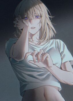 1girl 7nite absurdres bang_dream! bang_dream!_it&#039;s_mygo!!!!! blonde_hair commentary crying crying_with_eyes_open english_commentary film_grain hair_between_eyes highres medium_hair midriff misumi_uika open_mouth purple_eyes shirt solo tears upper_body white_shirt