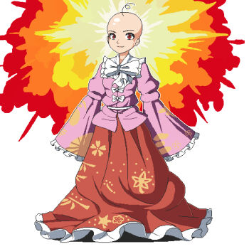 Rule 34 | 1girl, aksawshin, alternate hair length (shorter), alternate hairstyle, bald, bald female, bald kaguya (meme), bow, bowtie, cherry blossom print, commentary, english commentary, explosion, floral print, frilled skirt, frilled sleeves, frills, full body, houraisan kaguya, long sleeves, meme, pink shirt, pixel art, red eyes, red skirt, shirt, skirt, smile, solo, standing, touhou, white background, white bow, white bowtie, wide sleeves
