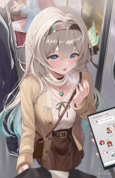 1girl absurdres alternate_costume bag belt black_belt black_bow black_hairband blue_eyes blush bow braid breasts breath brown_bag brown_cardigan brown_skirt cardigan cellphone clothes_grab cold commentary english_commentary english_text firefly_(honkai:_star_rail) gradient_hair green_hair green_pupils grey_hair hair_between_eyes hair_bow hair_intakes hairband hand_up harukix heart heart_necklace highres holding holding_phone honkai:_star_rail honkai_(series) jewelry long_hair looking_at_viewer medium_breasts multicolored_eyes multicolored_hair necklace open_mouth people phone pov scarf shirt shoulder_bag signature skirt smartphone solo_focus text_messaging train_interior two-tone_eyes white_shirt yellow_eyes yellow_scarf