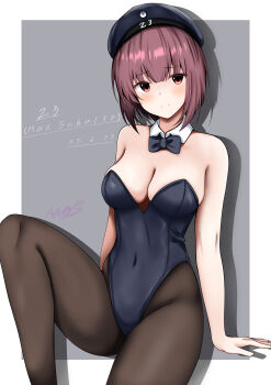 1girl abataa absurdres alternate_breast_size bare_shoulders beret black_bow black_bowtie black_leotard black_pantyhose blue_eyes blush bow bowtie breasts brown_eyes brown_hair character_name cleavage clothes_writing covered_navel dated detached_collar grey_background hat highres kantai_collection leotard looking_at_viewer medium_breasts pantyhose peaked_cap sailor_hat short_hair sitting solo strapless strapless_leotard white_background wrist_cuffs z3_max_schultz_(kancolle)