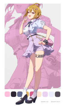 Rule 34 | 1girl, absurdres, ahoge, black shoes, blonde hair, bow, breasts, commentary request, fingernails, from side, full body, hair between eyes, hair bow, hair flaps, hand up, heart, heart-shaped bag, heart o-ring, high heels, highres, ibuki tsubasa, idolmaster, idolmaster million live!, idolmaster million live! theater days, legs, o-ring, o-ring thigh strap, official alternate costume, pink bow, puffy short sleeves, puffy sleeves, pure mine lady (idolmaster), purple skirt, red eyes, shirt, shoes, short hair, short sleeves, skirt, socks, solo, standing, suspender skirt, suspenders, thigh strap, white socks, yoshito, zoom layer