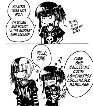Rule 34 | 2girls, 2koma, arrow (symbol), blush, bracelet, choker, clothes writing, comic, commentary, corrupted twitter file, earrings, emo-girl (grs-), emo fashion, english commentary, english text, gibberish text, greyscale, grs-, heart, highres, jewelry, medium hair, metal-girl (grs-), monochrome, multiple girls, no mouth, original, ponytail, print shirt, shirt, short ponytail, short sleeves, side ponytail, simple background, speech bubble, spiked bracelet, spikes, t-shirt, white background, yuri