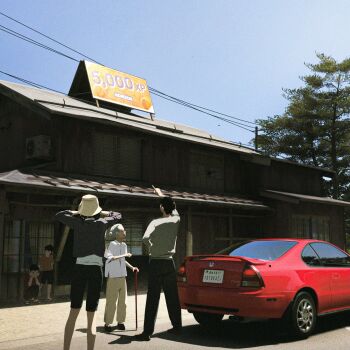 2girls 3boys architecture black_hair black_jacket black_pants black_shoes black_shorts blue_sky brown_pants bucket_hat cane car collared_shirt commentary day east_asian_architecture english_commentary faiz_azhar film_grain forza forza_horizon_6 full_body game_screenshot_background grey_hair grey_jacket hair_bun hat highres honda_prelude jacket license_plate long_sleeves medium_hair motor_vehicle multiple_boys multiple_girls old old_woman orange_shirt outdoors pants power_lines red_car red_shirt screenshot_background shadow shirt shoes short_hair shorts sky standing tree utility_pole white_shirt yellow_hat