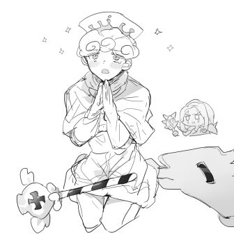 2boys bad_id bad_twitter_id blush chibi cookie_run cookie_run:_ovenbreak greyscale holding holding_weapon humanization inactive_account long_hair male_focus milk_cookie monochrome multiple_boys nana_(ebitokanimiso) own_hands_together painttool_sai_(medium) praying purple_yam_cookie short_hair simple_background sitting sketch solo_focus sparkle tears wariza weapon white_background