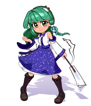 1girl 3d absurdres blue_skirt boots collared_shirt frog_hair_ornament green_eyes green_hair hair_ornament hair_tubes highres kochiya_sanae long_hair medium_skirt nontraditional_miko shirt simple_background skirt sleeveless sleeveless_shirt snake_hair_ornament solo takki_thammawan touhou white_background white_shirt