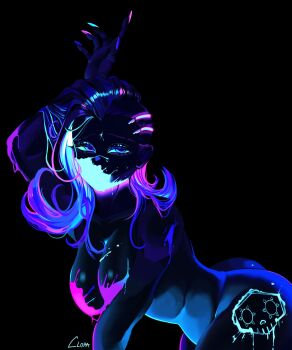 1girl artist_name ass asymmetrical_hair black_background breasts cl0raaa collarbone convenient_censoring cyborg from_side hand_up highres large_breasts long_hair looking_to_the_side mechanical_head nude overwatch purple_eyes shaved_head simple_background simulated_facial solo sombra_(overwatch) suggestive_fluid ultraviolet_light