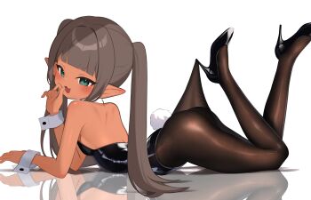 1girl absurdres ass backless_leotard black_leotard black_pantyhose black_shoes blush breasts brown_hair chiimanju dark-skinned_female dark_skin elf fake_tail fang from_side green_eyes high_heels highres lace_pantyhose_hooked_on_heel_(meme) leotard loli long_hair looking_at_viewer lying meme nyoko_(chiimanju) on_stomach open_mouth original pantyhose playboy_bunny pointy_ears pumps rabbit_tail reflection shoes simple_background skin_fang small_breasts smile solo strapless strapless_leotard tail turning_head twintails white_background white_wrist_cuffs wrist_cuffs