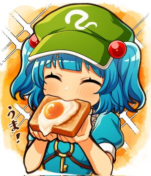 1girl blue_hair blush bread bread_slice closed_eyes commentary_request corrupted_twitter_file cropped_torso eating food fried_egg fried_egg_on_toast hair_bobbles hair_ornament hat highres holding holding_food ishiki_nuru kawashiro_nitori key short_hair short_sleeves solo toast touhou translation_request two_side_up