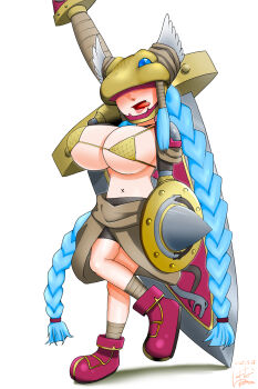 Rule 34 | alternate breast size, blue hair, blush, braid, covered eyes, digimon, digimon (creature), highres, long hair, mask, minervamon, pixiv user (14457527), shield, sword, tongue, tongue out, weapon, wings