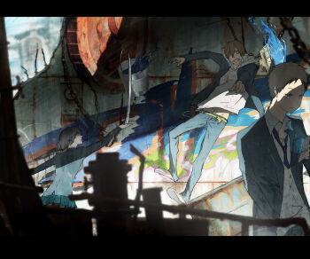 1girl 2boys belt black_hair blue_necktie brown_hair commentary_request durarara!! emeth9215 graffiti grey_hoodie grey_jacket hood hoodie jacket kida_masaomi letterboxed long_sleeves multiple_boys necktie necktie_in_pocket paint paint_can pleated_skirt red_eyes ryuugamine_mikado short_hair skirt sonohara_anri