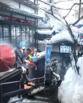 Rule 34 | 2boys, 99ki5, banner, black hair, black kimono, blue hair, bruno (yu-gi-oh!), building, clear sky, dappled sunlight, dragon, dragon on shoulder, eastern dragon, facing to the side, fudo yusei, hand fan, hand on own knee, highres, holding, holding fan, industrial pipe, japanese clothes, kimono, looking at another, male focus, multiple boys, on railing, on stairs, outdoors, parasol, railing, sandals, sign, sitting, sitting on stairs, sky, small dragon, snow, spiked hair, stairs, stardust xiaolong, subway entrance, sunlight, thermos, tree, turning head, umbrella, watermark, white sky, winter, yu-gi-oh!, yu-gi-oh! 5d's