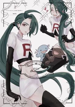 1girl ahoge black_gloves clodsire commentary_request cosplay crop_top earrings elbow_gloves gen_2_pokemon gloves green_hair highres jessie_(pokemon) jessie_(pokemon)_(cosplay) jewelry long_hair looking_at_viewer midriff mtkpasta navel nintendo open_mouth paldean_wooper pokemon pokemon_(creature) pokemon_sv ponytail red_eyes shirt skirt smile team_rocket team_rocket_uniform thighhighs white_skirt wooper