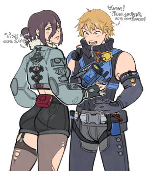 absurdres artist_request ass blonde_hair chainsaw_man cosplay costume_switch couple denji_(chainsaw_man) green_eyes highres jane_doe_(zenless_zone_zero) police police_uniform purple_hair reze_(chainsaw_man) seth_lowell socks zenless_zone_zero