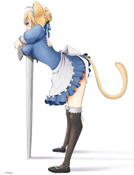 1girl absurdres ahoge animal_ears apron artoria_pendragon_(fate) black_pantyhose black_shoes blonde_hair blue_dress blue_ribbon bow braid breasts carnival_phantasm cat_ears cat_girl cat_tail commentary dress english_commentary fate/stay_night fate_(series) frills from_side green_eyes hair_between_eyes hair_ribbon highres holding holding_sword holding_weapon maid maid_apron maid_headdress medium_breasts official_alternate_costume pantyhose planted planted_sword planted_weapon puffy_sleeves ribbon saber_(fate) shoes short_hair short_sleeves skitsroom solo sword tail weapon white_apron