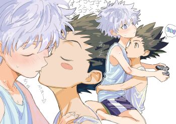 2boys black_hair closed_eyes commentary_request controller game_controller gon_freecss goodkids_1 hunter_x_hunter image_in_thought_bubble killua_zoldyck kiss looking_at_another male_focus multiple_boys short_hair shota simple_background speech_bubble spiked_hair thought_bubble white_background yaoi