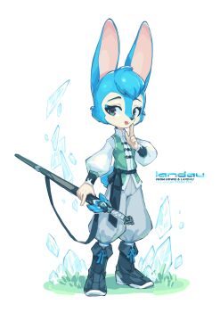 1girl 2023 absurdres animal_ears blue_eyeliner blue_hair boots chinese_clothes chinese_commentary commentary english_commentary eyeliner furry furry_female green_eyes green_shirt hair_tuft highres holding holding_sword holding_weapon hongmao_and_lantu ice jian_(weapon) krita_(medium) lantu light_blush long_sleeves looking_at_viewer makeup on_grass open_mouth pankou pants rabbit rabbit_ears rabbit_girl rabbit_tail raised_inner_eyebrows shirt signature simple_background smile standing sword tail tareme tyson_tan weapon wuxia