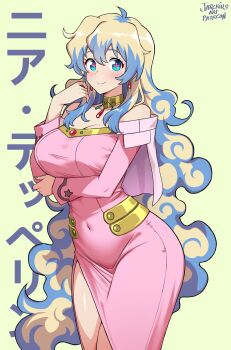 1girl absurdres aged_up ahoge arm_under_breasts blonde_hair blue_eyes blue_hair blush breasts character_name closed_mouth commentary covered_navel cowboy_shot cross-shaped_pupils dress earrings english_commentary fluffy_hair front_slit hair_between_eyes hand_up highres jarckius jewelry large_breasts legs_together long_hair long_sleeves looking_at_viewer multicolored_hair nia_teppelin off-shoulder_dress off_shoulder paid_reward_available patreon_username pink_dress smile solo standing star_(symbol) strapless strapless_dress symbol-shaped_pupils taut_clothes taut_dress teardrop_earrings tengen_toppa_gurren_lagann text_background two-tone_hair very_long_hair yellow_background