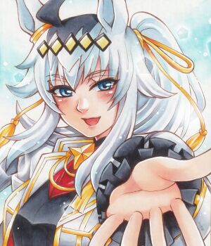 1girl ahoge animal_ears blue_eyes blush breasts brooch commentary_request ear_ornament grey_hair grey_leotard hair_between_eyes hair_ornament hair_ribbon highres horse_ears horse_girl jacket jewelry leotard long_hair long_sleeves multicolored_hair neckerchief official_alternate_costume oguri_cap_(cinderella_gray)_(umamusume) oguri_cap_(umamusume) open_mouth ponytail reaching reaching_towards_viewer red_neckerchief ribbon shira_(kunseitamago) smile solo star_brooch umamusume umamusume:_cinderella_gray upper_body white_jacket