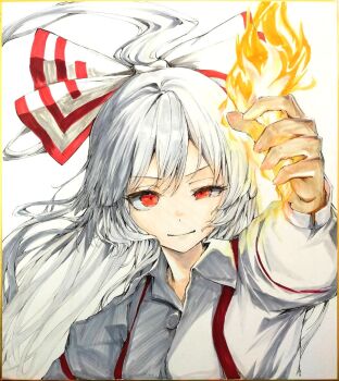 1girl bow collared_shirt fire fujiwara_no_mokou hair_bow half-closed_eye highres long_hair long_sleeves looking_at_viewer mikan_(manmarumikan) pyrokinesis red_eyes shirt solo suspenders touhou traditional_media white_hair white_shirt