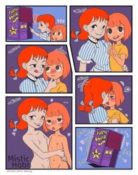 ! ... 2girls ^^^ absurdres after_kiss arm_around_waist artist_name baraag_username blue_bow blush bow kodomo_doushi closed_mouth collarbone comic completely_nude daughter_(yoru_mac) fanbox_username female_focus flat_chest freckles french_kiss frilled_shirt frills groin hair_bow hand_under_clothes hand_under_shirt heart heart-shaped_pupils highres kiss licking_lips loli looking_at_another mcdonald's mistic_hobo motion_lines multiple_boys multiple_girls navel nipples nude open_mouth orange_hair panels photo_booth pixiv_username pointing saliva saliva_trail shirt short_hair short_sleeves short_twintails smile sound_effects speech_bubble spoken_blush standing star_(symbol) striped_clothes striped_shirt symbol-shaped_pupils teeth tongue tongue_out twintails upper_body upper_teeth_only v wendy's wendy_(wendy's) yellow_shirt yoru_mac yuri