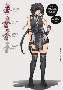 1girl ? animal_ears antlers arm_at_side artist_name bandaged_arm bandages black_boots black_dress black_gloves black_hair black_ribbon black_shorts boots breast_cutout breasts capelet christmas cleavage colored_inner_hair colored_speech_bubble commentary cross-laced_clothes cross-laced_dress cross-laced_top deer_ears dress elbow_gloves elbow_pads english_commentary english_text female_rover_(wuthering_waves) full_body fur-trimmed_capelet fur-trimmed_dress fur-trimmed_gloves fur-trimmed_skirt fur_trim gloves grey_background grey_dress hair_ornament hair_ribbon hairclip hand_on_own_hip highres horns knee_boots large_breasts leotard long_hair looking_at_viewer multicolored_hair naked_ribbon neck_ribbon parallel_hairclips partially_fingerless_gloves pouch rattail red_capelet red_dress red_gloves red_leotard red_skirt red_thighhighs reindeer_antlers rezilism ribbon rover_(wuthering_waves) see-through_clothes see-through_thighhighs shadow shorts shorts_under_dress sidelocks simple_background skirt sleeveless solo speech_bubble standing strapless strapless_leotard thigh_pouch thighhighs twitter_strip_game underbust very_long_hair white_hair wuthering_waves yellow_eyes yellow_ribbon