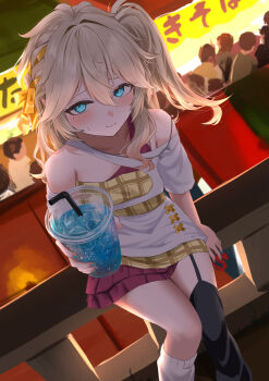 1girl absurdres bare_shoulders black_thighhighs blonde_hair blue_eyes blue_nails blush braid crowd cup disposable_cup dress drink drinking_straw eru_aise from_above hair_ribbon highres holding holding_cup ice ice_cube kasukabe_tsumugi layered_dress long_hair looking_at_viewer nail_polish ribbon side_ponytail single_thighhigh sweatdrop thighhighs voicevox yellow_ribbon