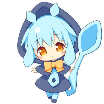 1girl :o aikei_ake black_capelet black_dress black_shoes blue_hair blue_pantyhose blush bow brown_eyes capelet chibi commentary_request dress full_body head_tilt holding holding_spoon hood hood_up hooded_capelet original pantyhose parted_lips personification shoes simple_background solo spoon standing white_background yellow_bow