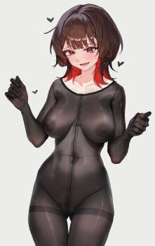 1girl absurdres black_survival bodystocking breasts brown_hair colored_inner_hair covered_erect_nipples covered_navel estelle_(black_survival) eternal_return:_black_survival gluteal_fold grey_background heart highres large_breasts looking_at_viewer medium_hair multicolored_hair nipples open_mouth red_eyes sagging_breasts simple_background smile solo thigh_gap tunamayo_(dsasd751) two-tone_hair