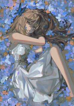 1girl absurdres blonde_hair blue_eyes bug butterfly dress field flower flower_bed flower_field highres insect long_hair original solo sushineko8 white_dress