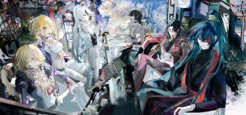 2girls 4boys absurdres arm_behind_back bandaged_head bandages black_gloves black_hair black_hanfu black_shirt black_vest blonde_hair blue_hair branch breasts chain chain_necklace chinese_clothes cigar city cleavage closed_eyes cowboy_shot crossed_legs cup curtained_hair day don_quixote_(project_moon) evelynyi21085 family_hierarch_candidate_(identity)_(project_moon) faust_(project_moon) fern fur_trim gloves gold_trim hair_ornament hair_slicked_back hand_up hanfu hat high_ponytail highres holding holding_cup holding_paint_palette hong_lu_(project_moon) index_(identity)_(project_moon) jacket jewelry lens_flare limbus_company looking_at_viewer meursault_(project_moon) middle_(identity)_(project_moon) multiple_boys multiple_expressions multiple_girls necklace official_alternate_costume one_eye_covered outdoors paint_palette plant ponytail potted_plant project_moon purple_jacket railing red_jacket red_scarf ring_(identity)_(project_moon) rope_belt scarf shirt short_hair sinclair_(project_moon) single_hair_streak sitting smile sparkling_eyes sports_bra stole table talking teacup thumb_(identity)_(project_moon) tinted_eyewear tree vest white_hair white_jacket white_shirt window yellow-tinted_eyewear yellow_eyes yi_sang_(project_moon)