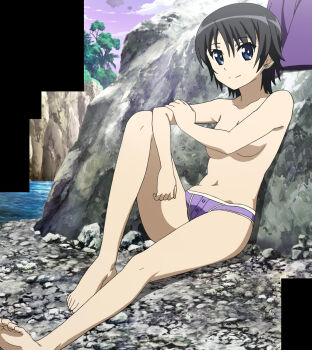 Rule 34 | 10s, 1girl, barefoot, black hair, blue eyes, breasts, dog days, feet, highres, navel, short hair, sitting, smile, tagme, takatsuki nanami, toes, topless female, underboob