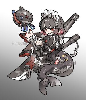 1girl amonitto black_pantyhose chibi chibi_only commentary_request ellen_joe fins fish_tail gradient_background gradient_hair highres holding holding_weapon maid maid_headdress multicolored_hair pantyhose shark_girl shark_tail short_hair simple_background skirt solo tail weapon zenless_zone_zero