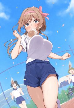 4girls absurdres blue_shorts blue_sky blush bouncing_breasts bread_eating_race breasts brown_hair cloud cloudy_sky commentary_request confetti day from_below gakuen_idolmaster gym_shirt gym_shorts headband highres himesaki_rinami idolmaster large_breasts long_hair mouth_hold multiple_girls pink_headband running_track shirt shirt_tucked_in short_sleeves shorts sky solo_focus sportswear sweat thighs v-shaped_eyebrows wanitaroo._(waniwani_panic)