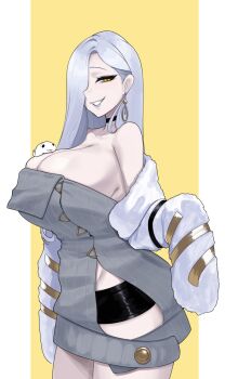 1girl bare_shoulders blue_lips breasts choker cleavage dress earrings eyeliner fate/grand_order fate_(series) grey_dress hair_over_one_eye highres hoop_earrings jacket jewelry large_breasts long_hair looking_at_viewer makeup mrs._snake_(fate) mrs._snake_(second_ascension)_(fate) off_shoulder ribbed_dress short_shorts shorts smile snake sweater sweater_dress temporal_hairline the_flying_toaster white_hair white_jacket yellow_eyes