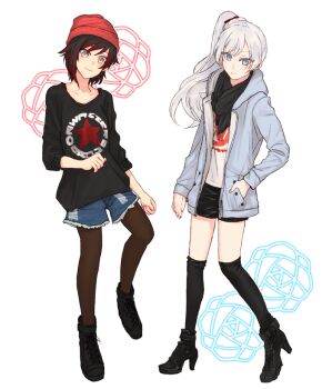2girls alternate_costume beanie black_hair black_pantyhose black_shirt blue_eyes boots casual duplicate gradient_hair grey_eyes hat high_heel_boots high_heels jacket kneehighs long_hair multicolored_hair multiple_girls pantyhose pixel-perfect_duplicate red_hair ruby_rose rwby scar scar_across_eye scar_on_face scarf shirt short_hair shorts socks sora_(efr) thighhighs weiss_schnee white_hair zettai_ryouiki