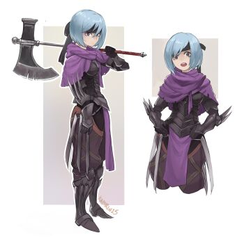1girl :o absurdres armor axe beruka_(fire_emblem) black_armor black_headband blue_hair breasts capelet commentary english_commentary fire_emblem fire_emblem_fates hair_between_eyes headband highres holding holding_axe kaphrin looking_at_viewer medium_breasts multiple_views nintendo purple_eyes short_hair smile torn_capelet torn_clothes