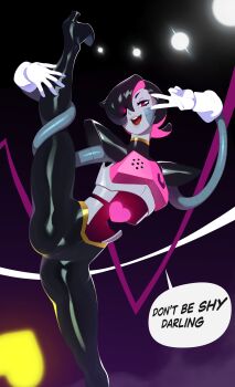 1girl absurdres black_hair combos_&amp;_doodles english_text gloves highres looking_at_viewer mettaton multicolored_hair open_mouth pink_eyes pink_hair short_hair solo speech_bubble split standing standing_on_one_leg standing_split teeth two-tone_hair undertale upper_teeth_only utdr_(toby_fox) v white_gloves