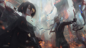 1boy 1girl artist_name beard black_eyes black_pants black_shirt building bullet city city_lights closed_eyes closed_mouth commentary cowboy_shot cyberpunk demon_skull english_commentary facial_hair frown gun hair_between_eyes highres holding holding_gun holding_scythe holding_skull holding_weapon light_particles lips looking_at_viewer nose original outdoors pants paul_nong scythe shirt short_hair signature skull skyscraper spine upper_body weapon white_hair