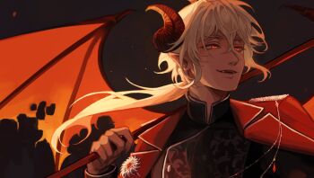 1boy :d a_date_with_death alternate_costume backlighting bat_wings black_shirt casper_(a_date_with_death) double-parted_bangs embers fangs glowing glowing_eyes hair_between_eyes half-closed_eyes highres holding holding_scythe horns jacket low_ponytail male_focus official_art open_mouth over_shoulder ponytail promotional_art red_eyes red_jacket scythe sheep_horns shirt shoulder_pads smile solo upper_body weapon weapon_over_shoulder white_hair wind wings