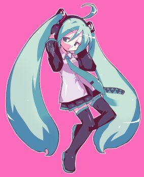 1girl 2000s_(style) ahoge aqua_eyes aqua_hair aqua_nails aqua_necktie black_sleeves blush detached_sleeves drawpile_(medium) grey_shirt hair_between_eyes hatsune_miku headphones headset long_hair necktie negiwave2000 shirt simple_background skirt sleeveless sleeveless_shirt solo thighhighs twintails very_long_hair vocaloid