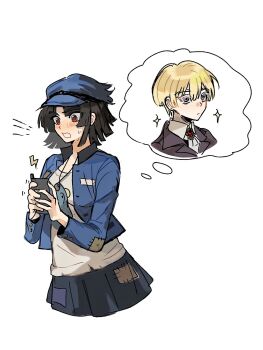 1boy 1girl aion3196 black_hair blonde_hair blue_hat blue_jacket blush genderswap genderswap_(ftm) genderswap_(mtf) hat highres imagining jacket maruko_gaku oosuzuki_kurara patchwork_clothes phone red_eyes shirt simple_background sparkle sweatdrop the_hundred_line_-last_defense_academy- white_background white_shirt