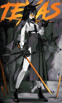 1girl animal animal_ear_fluff animal_ears ankle_boots arknights artist_name belt boots character_name cigarette collared_shirt commentary dual_wielding full_body glasses hair_between_eyes high_heel_boots high_heels highres holding holding_sword holding_weapon jacket jacket_on_shoulders long_hair long_skirt long_sleeves looking_ahead necktie orange-tinted_eyewear over_shoulder partially_colored pleated_skirt pouch shirt side_slit skirt sleeves_rolled_up smoke smoking solo standing sword sword_over_shoulder team.achv texas_(arknights) tinted_eyewear watch watermark weapon weapon_over_shoulder wolf wolf_ears wolf_girl wristwatch yellow_eyes