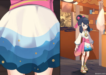 Rule 34 | 1girl, black hair, brown sandals, brown shoes, closed mouth, commentary request, commission, dress, enigma numx, gladiator sandals, hair bun, hair ribbon, highres, liza (pokemon), liza (summer 2023) (pokemon), long hair, nintendo, official alternate costume, pink ribbon, pokemon, pokemon masters ex, ribbon, sandals, sash, shoes, single hair bun, skeb commission, smile, standing, toes, twitter username, watermark