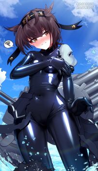 1girl black_bodysuit black_headband blue_sky blush bodysuit breasts cameltoe chou-10cm-hou-chan chou-10cm-hou-chan_(hatsuzuki's) clothes_writing cloud covered_navel day hachimaki hair_flaps hatsuzuki_(kancolle) headband highres impossible_bodysuit impossible_clothes kantai_collection latex latex_bodysuit maguro27 nose_blush outdoors rigging shiny_clothes skin_tight sky small_breasts speech_bubble spoken_squiggle squiggle