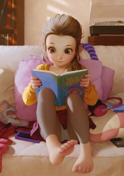 1984_(novel) 1girl alkemanubis barefoot book bookshelf brown_eyes brown_hair cellphone controller couch feet female_focus fingernails flat_chest foot_focus full_body headphones highres indoors loli long_hair long_sleeves panties pants pantyhose phone phonograph pillow reading red_skirt remote_control see-through_clothes skirt smartphone solo sweater thighs third-party_edit toenails toes underwear upskirt white_panties yellow_sweater yoga_pants