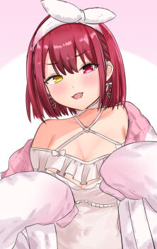 1girl 2024 blush bob_cut breasts cleavage commentary_request dottora earrings fang heterochromia highres hololive houshou_marine jewelry lingerie looking_at_viewer loungewear medium_breasts negligee open_mouth red_eyes red_hair simple_background sleeves_past_fingers sleeves_past_wrists smile solo underwear virtual_youtuber yellow_eyes