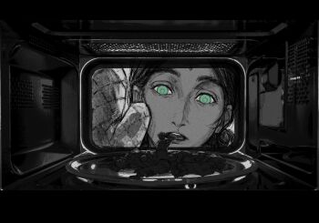 1boy 1girl 6+others bindi challia_bull dark-skinned_female dark_skin green_eyes greyscale gundam gundam_gquuuuuux highres lalah_sune lalilulel0 looking_at_another microwave mini_person miniboy monochrome multiple_others open_mouth oven_mitts spot_color